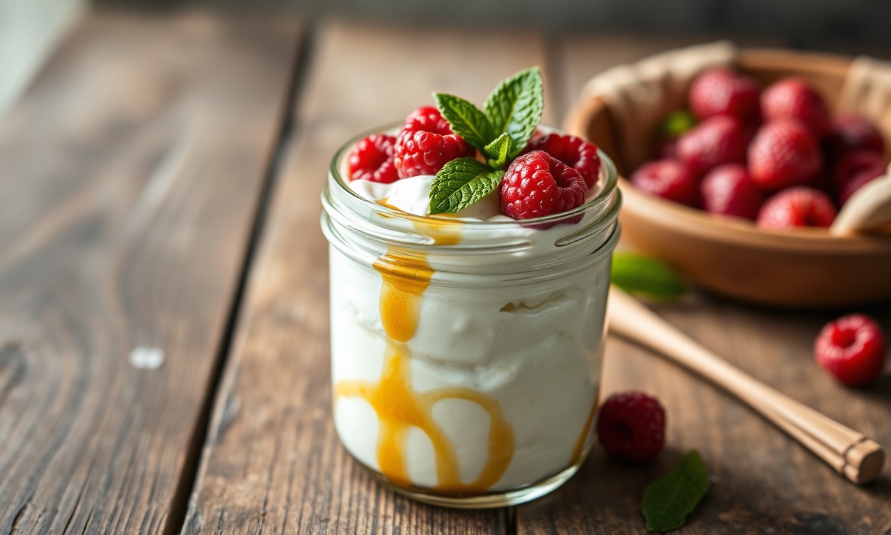 Iogurte Grego Caseiro Cremoso: Como Fazer E Saborizar 3 Pote de vidro com iogurte grego espesso, coberto com mel dourado e frutas vermelhas.
