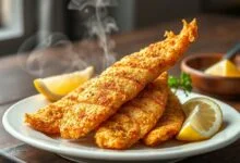 Iscas de tilápia douradas e crocantes, perfeitamente empanadas, servidas em um prato rústico com fatias de limão fresco.