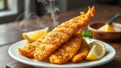 Iscas de tilápia douradas e crocantes, perfeitamente empanadas, servidas em um prato rústico com fatias de limão fresco.