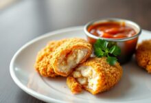 Iscas de frango douradas e crocantes com empanado Panko, servidas em prato branco com molho barbecue