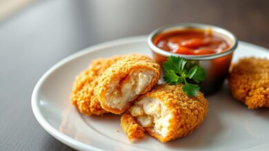 Iscas de frango douradas e crocantes com empanado Panko, servidas em prato branco com molho barbecue