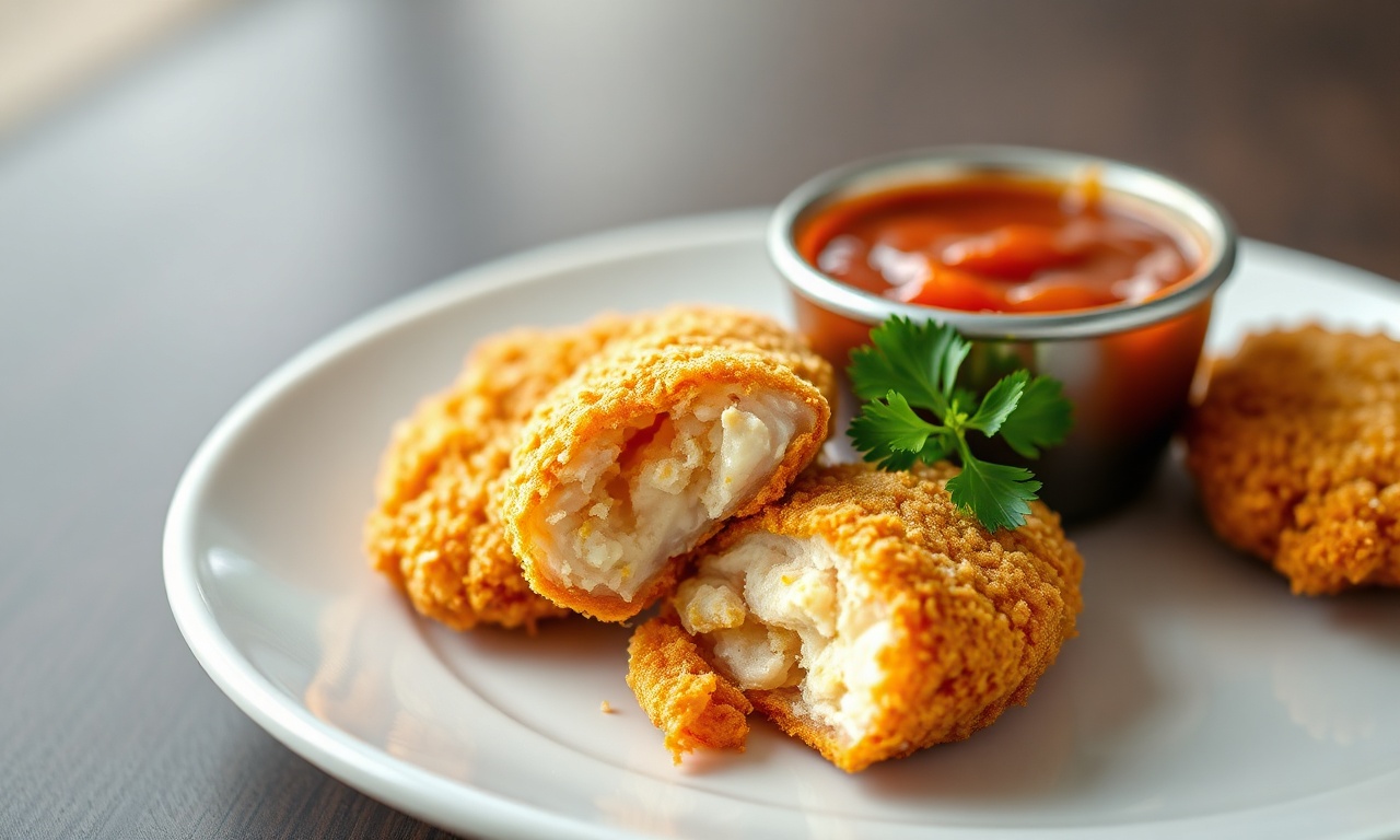 Isca De Frango Na Airfryer: Crocante E Macia Em 20 Min 3 Iscas de frango douradas e crocantes com empanado Panko, servidas em prato branco com molho barbecue