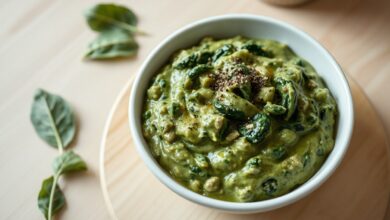 Tigela branca com espinafre e aveia cremosa, verde vibrante, finalizada com pimenta e um fio de azeite.