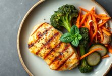 Prato vibrante e colorido com filés de frango dourado ao lado de brócolis, abobrinha e cenoura perfeitamente assados, finalizado com folhas de hortelã.