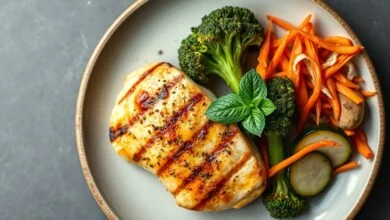 Prato vibrante e colorido com filés de frango dourado ao lado de brócolis, abobrinha e cenoura perfeitamente assados, finalizado com folhas de hortelã.