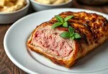 A receita finalizada, com fatias de kafta macia e dourada, pronta para servir.