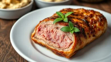A receita finalizada, com fatias de kafta macia e dourada, pronta para servir.
