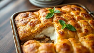 Um kibe de forno dourado e crocante, com uma fatia generosa mostrando o recheio de catupiry derretido e cremoso no centro, servido em um prato de cerâmica rústica.