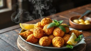 Travessa com kibes fritos dourados e suculentos decorados com hortelã