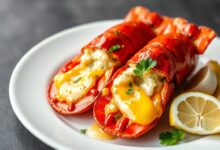 Metades de lagosta vermelha e brilhante, regadas com manteiga de alho dourada e finalizadas com salsinha fresca.