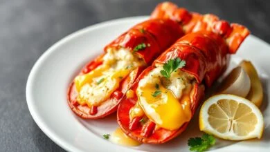Metades de lagosta vermelha e brilhante, regadas com manteiga de alho dourada e finalizadas com salsinha fresca.