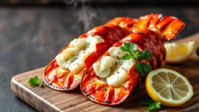 Duas metades de lagosta perfeitamente grelhadas, com casca vermelha brilhante e carne branca e suculenta, regadas com manteiga derretida de ervas e finalizadas com fatias de limão fresco.