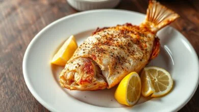 Peixes dourados com pele estaladiça, prontos para servir com limão.