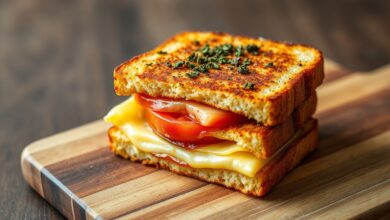 Lanche Low Carb Em 5 Minutos: Pão De Micro-ondas Crocante 7 Sanduíche aberto com pão dourado na sanduicheira, queijo derretido, tomate fatiado e orégano, servido em tábua rústica.