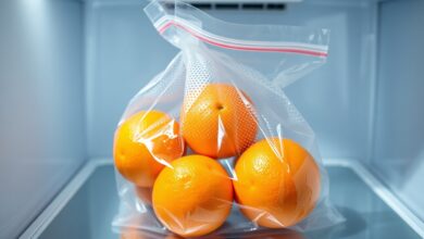 Laranjas frescas e brilhantes, com casca intacta, dentro de um saco perfurado na gaveta de legumes da geladeira, prontas para durar semanas.