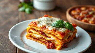 Lasanha dourada com camadas perfeitas de ragu e bechamel, fatia generosa revelando as camadas internas.