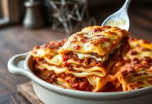 Lasanha à bolonhesa recém-saída do forno, com camadas definidas, superfície dourada e borbulhante, e uma fatia sendo servida mostrando o interior.