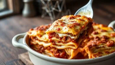 Lasanha à bolonhesa recém-saída do forno, com camadas definidas, superfície dourada e borbulhante, e uma fatia sendo servida mostrando o interior.