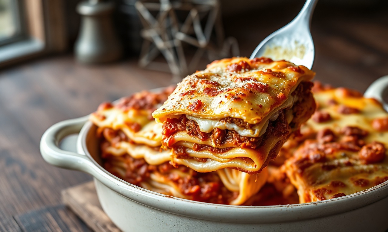 Lasanha à bolonhesa recém-saída do forno, com camadas definidas, superfície dourada e borbulhante, e uma fatia sendo servida mostrando o interior.
