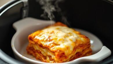 Lasanha Congelada Na Airfryer: Cremosa E Crocante Em 20 Min 9 Lasanha gratinada com queijo dourado borbulhante, bordas crocantes e vapor subindo, servida em refratário de cerâmica dentro da cesta da airfryer