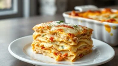 Lasanha de frango com camadas generosas de frango desfiado e molho cremoso de requeijão, coberta por muçarela e parmesão dourados e borbulhantes, servida em uma fatia firme que não desmancha.