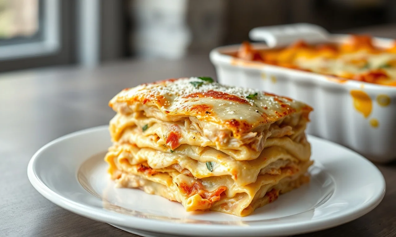 Lasanha de frango com camadas generosas de frango desfiado e molho cremoso de requeijão, coberta por muçarela e parmesão dourados e borbulhantes, servida em uma fatia firme que não desmancha.