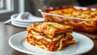 Uma lasanha clássica e perfeita, com camadas uniformes, queijo gratinado borbulhante e uma porção generosa sendo servida.