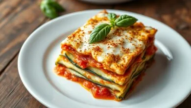 Uma fatia generosa de lasanha vegana de abobrinha servida em um prato branco, com camadas perfeitamente definidas e uma cobertura dourada.