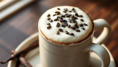 Xícara de cerâmica clara com latte de baunilha, apresentando uma espuma densa e sedosa, polvilhada com sementes de baunilha escuras, ao lado de uma vagem de baunilha inteira.