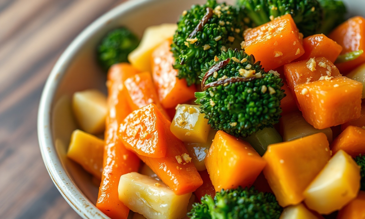 Legumes Cozidos Com Alho Na Manteiga: Rápido E Saboroso 3 Coloridos legumes cozidos (cenoura, abobrinha, batata-doce e brócolis) com brilho de manteiga e pedacinhos de alho dourado, servidos em uma tigela branca.