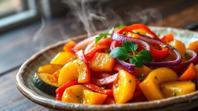 Coloridos legumes salteados com bordas douradas, servidos em um prato de cerâmica rústico.
