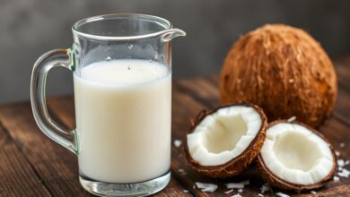 Um jarro de vidro transparente cheio de leite de coco caseiro branco e aveludado, com gotículas de condensação na superfície, ao lado de um coco partido e lascas de coco fresco sobre uma mesa de madeira rústica.
