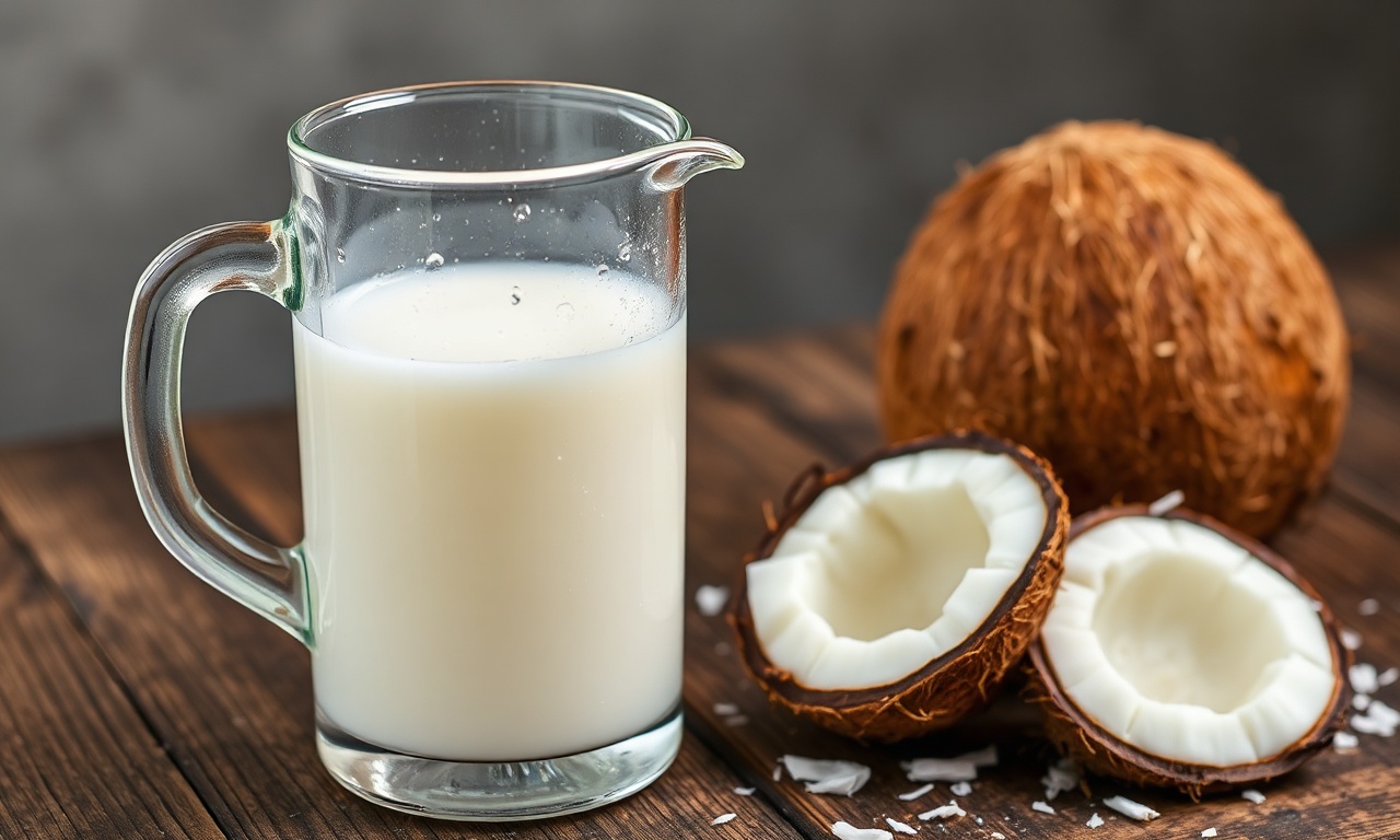Leite De Coco Caseiro: Cremoso Em 20 Minutos Com 2 Ingredientes 3 Um jarro de vidro transparente cheio de leite de coco caseiro branco e aveludado, com gotículas de condensação na superfície, ao lado de um coco partido e lascas de coco fresco sobre uma mesa de madeira rústica.