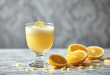 Taça de vidro transparente com licor cremoso amarelo-pálido, raspas de limão sobre a superfície, ao lado de fatias de limão fresco