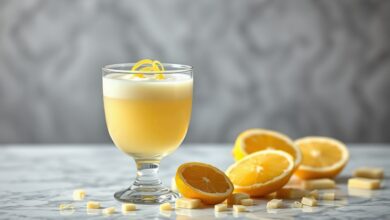 Taça de vidro transparente com licor cremoso amarelo-pálido, raspas de limão sobre a superfície, ao lado de fatias de limão fresco