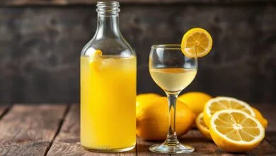 Garrafa de limoncello caseiro de cor amarelo-dourado vibrante, servida gelada com fatias de limão fresco.