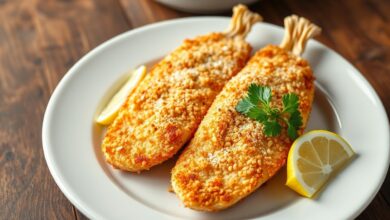 Filés de linguado com crosta dourada e textura irregular da panko, servidos sobre prato de cerâmica com gomos de limão fresco.