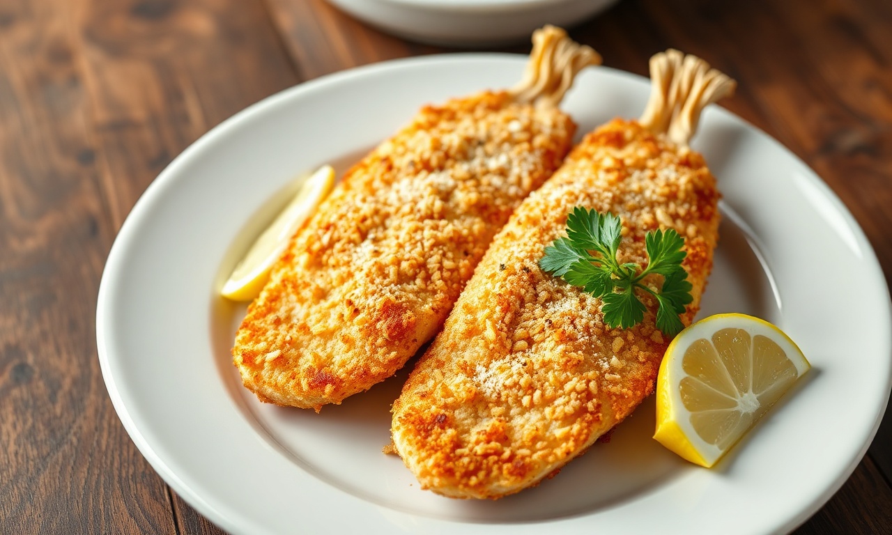 Linguado Empanado Com Panko: Fofinho Por Dentro, Crocante Por Fora 3 Filés de linguado com crosta dourada e textura irregular da panko, servidos sobre prato de cerâmica com gomos de limão fresco.