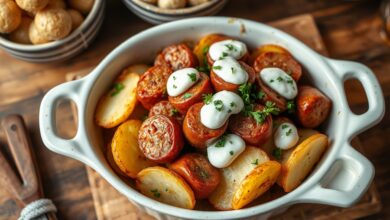 Travessa de forno com linguiça calabresa dourada, batatas com bordas crocantes e colheradas de maionese cremosa finalizada com salsinha.
