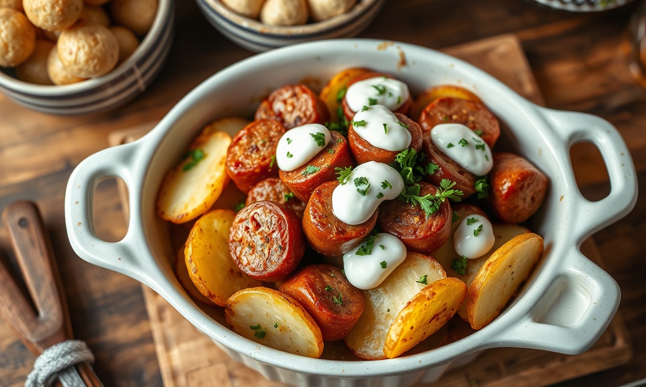 Travessa de forno com linguiça calabresa dourada, batatas com bordas crocantes e colheradas de maionese cremosa finalizada com salsinha.