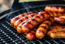 Linguiças toscanas e de frango com pele dourada e estourada, prontas para servir.