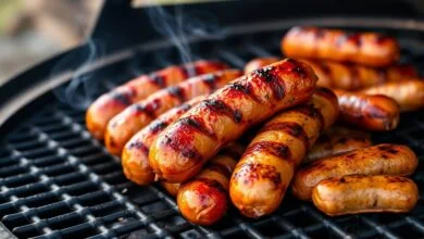 Linguiças toscanas e de frango com pele dourada e estourada, prontas para servir.