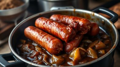 Linguiças toscanas macias e integrais, com a pele levemente enrugada, repousando sobre uma cama de cebolas caramelizadas em um molho escuro e brilhante, servidas diretamente na panela de pressão.