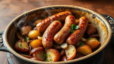 Linguiça toscana dourada com casca estaladiça sobre rodelas cremosas de batata, cebola caramelizada e salsinha fresca, servida em forma de forno rústica.