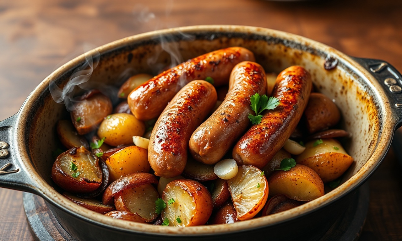 Linguiça Toscano Com Batata Assada: Fofa Por Dentro E Crocante 3 Linguiça toscana dourada com casca estaladiça sobre rodelas cremosas de batata, cebola caramelizada e salsinha fresca, servida em forma de forno rústica.