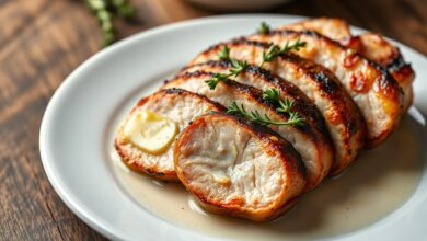 Fatias de lombo de porco com crosta dourada e suculenta, finalizadas com manteiga e tomilho, prontas para servir.