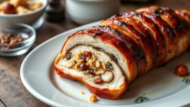 Lombo de porco assado e dourado, fatiado para mostrar o recheio de farofa com frutas secas, coberto com fatias de bacon crocante.