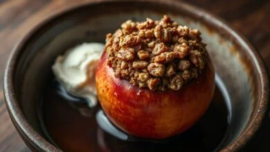 Maçã assada dourada, macia e recheada com nozes caramelizadas, servida em prato de cerâmica rústico com caldo especiado ao redor.