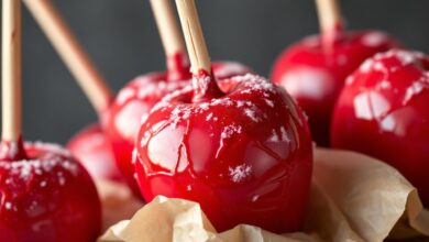 Maçãs brilhantes com calda vermelha perfeita, prontas para servir.