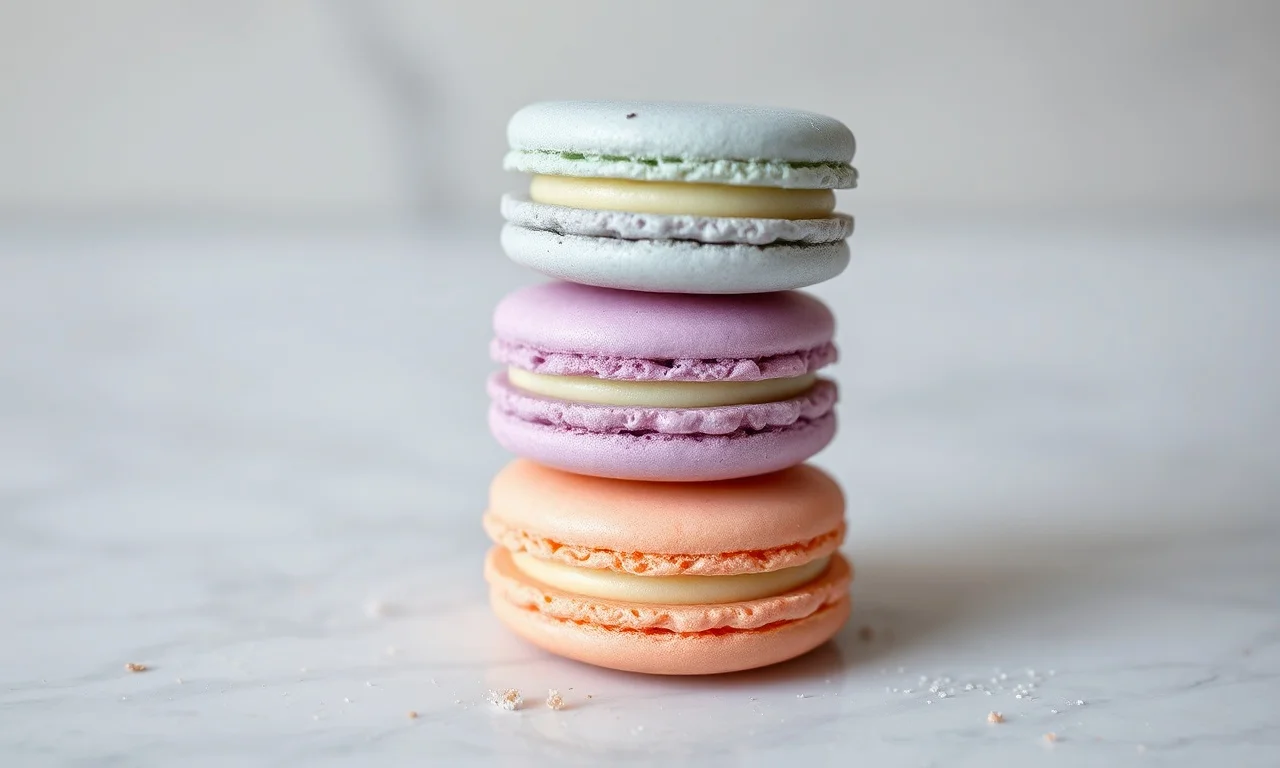 Macarons Sem Farinha De Amêndoas: Receita Perfeita E Macia 3 Torre de macarons em tons pastéis com cascas lisas, pés desenvolvidos e recheio visível.